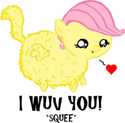 Size: 1367x1340 | Tagged: safe, artist:banned, edit, fluttershy, fluffy pony, pegasus, pony, g4, beady eyes, cat tail, cute, daaaaaaaaaaaw, female, fluffy ponified, fluffyshy, heart, mare, pink hair, pink mane, shyabetes, simple background, solo, species swap, tail, transparent background, wings, yellow coat, yellow fur, yellow tail, yellow wings