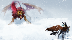 Size: 1900x1053 | Tagged: safe, artist:cosmicunicorn, manny roar, zecora, manticore, zebra, g4, action pose, badass, duo, encounter, fangs, female, glowing eyes, mare, open mouth, snow, snowfall