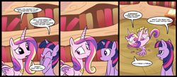 Size: 1500x656 | Tagged: safe, artist:madmax, princess cadance, twilight sparkle, alicorn, pony, unicorn, g4, comic, duo, female, freakout, golden oaks library, mare, panic, princess, sisters-in-law, sweat, unicorn twilight, wings