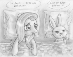 Size: 950x750 | Tagged: safe, artist:tommysimms, angel bunny, fluttershy, pegasus, pony, g4, aftersex, angel is a bunny bastard, bed, bender bending rodríguez, cigarette, female, implied sex, interspecies, male, mare, monochrome, on back, ship:angelshy, shipping, smoking, straight