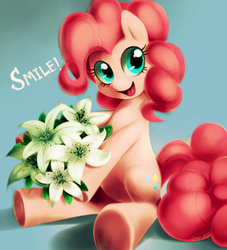 Size: 1000x1100 | Tagged: dead source, safe, artist:jiayi, pinkie pie, earth pony, pony, g4, cute, diapinkes, female, flower, gradient background, lily (flower), mare, sitting, smiling, solo, underhoof