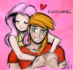 Size: 900x872 | Tagged: safe, artist:johnjoseco, artist:michos, big macintosh, fluttershy, human, g4, arms/forelegs around neck, colored, female, hug, humanized, male, ship:fluttermac, shipping, straight