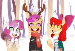 Size: 1280x869 | Tagged: safe, artist:shemhamferosh, apple bloom, scootaloo, sweetie belle, parasprite, semi-anthro, g4, antlers, cutie mark crusaders, faic, female, filly, foal, forest, no pupils, snow, tree