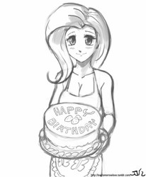 Size: 671x813 | Tagged: safe, artist:johnjoseco, fluttershy, human, g4, apron, cake, clothes, female, grayscale, humanized, looking at you, monochrome, naked apron, simple background, solo