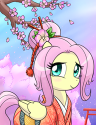 Size: 1000x1300 | Tagged: safe, artist:madmax, fluttershy, pegasus, pony, g4, alternate hairstyle, cherry blossoms, female, flower, flower blossom, kimono (clothing), looking at you, mare, smiling, solo, torii, yamato nadeshiko