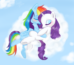 Size: 1000x888 | Tagged: dead source, safe, artist:lavender1983, rainbow dash, rarity, pegasus, pony, unicorn, g4, blushing, butt, butt tail, cloud, cloudy, cuddling, cute, duo, duo female, eyes closed, female, folded wings, hooves, horn, lesbian, lying down, lying on a cloud, mare, missing cutie mark, on a cloud, on side, outdoors, plot, ship:raridash, shipping, sky, tail, underhoof, wings