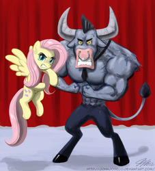 Size: 1100x1210 | Tagged: safe, artist:johnjoseco, fluttershy, iron will, minotaur, pegasus, pony, g4, curtains, duo, female, flexing, flying, larger male, mare, nose piercing, nose ring, piercing, septum piercing, size difference, smaller female, stage