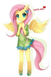 Size: 760x1136 | Tagged: safe, artist:jinzhan, fluttershy, pegasus, anthro, unguligrade anthro, g4, clothes, cute, dress, female, flattershy, floating wings, heart, love, mare, off shoulder, shyabetes, simple background, skinny, solo, thin, white background