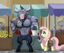 Size: 1300x1083 | Tagged: safe, artist:johnjoseco, derpy hooves, fluttershy, hugh jelly, iron will, earth pony, minotaur, pegasus, pony, g4, banana, basket, female, grapes, male, manly grocery shopping, mare, saddle bag, stallion