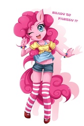 Size: 760x1137 | Tagged: safe, artist:jinzhan, pinkie pie, earth pony, anthro, unguligrade anthro, g4, belly button, bracelet, clothes, cute, diapinkes, female, jewelry, mare, midriff, one eye closed, open mouth, simple background, skinny, socks, solo, starry eyes, striped socks, thin, white background, wingding eyes
