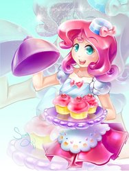 Size: 600x800 | Tagged: safe, artist:canarycharm, pinkie pie, human, g4, clothes, dress, female, humanized, solo, tray, zoom layer