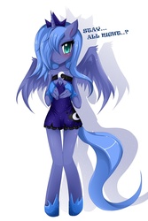 Size: 760x1137 | Tagged: safe, artist:jinzhan, princess luna, anthro, unguligrade anthro, g4, blushing, clothes, crown, dress, female, hair over one eye, jewelry, mare, regalia, s1 luna, skinny, solo, thin