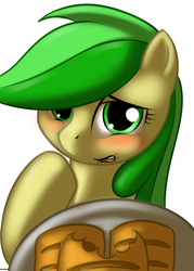 Size: 500x700 | Tagged: safe, artist:kloudmutt, apple fritter, earth pony, pony, g4, apple family member, apple fritter (food), blushing, cute, female, food, looking at you, mare, plate, simple background, solo, white background