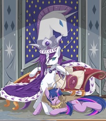 Size: 1000x1147 | Tagged: safe, artist:jinzhan, clover the clever, princess platinum, rarity, twilight sparkle, pony, unicorn, g4, bipedal, bondage, bridle, clothes, costume, couch, crown, dominant, duo, female, femdom, femsub, lesbian, mare, mouth hold, platiclover, ship:rarilight, shipping, submissive, twisub, whip