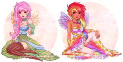 Size: 1647x837 | Tagged: safe, artist:ponymonster, fluttershy, rainbow dash, human, g4, abstract background, breasts, busty fluttershy, choker, cleavage, clothes, dark skin, dress, duo, duo female, female, gala dress, high heels, humanized, shoulderless, sitting, stockings, winged humanization, wings
