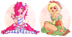 Size: 2203x1137 | Tagged: safe, artist:ponymonster, applejack, pinkie pie, human, g4, abstract background, blushing, breasts, busty applejack, busty pinkie pie, clothes, dress, female, gala dress, humanized, shoulderless, sitting, smiling