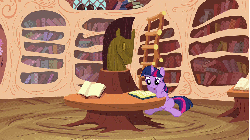 Size: 853x480 | Tagged: safe, screencap, twilight sparkle, pony, unicorn, a friend in deed, g4, season 2, animated, blinking, book, female, gif, golden oaks library, horsehead centerpiece, library, mare, reading, solo, unicorn twilight