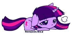 Size: 897x468 | Tagged: safe, artist:ponymonster, twilight sparkle, pony, unicorn, g4, bored, chibi, cute, female, floppy ears, frown, mare, prone, sigh, simple background, solo, twiabetes, unicorn twilight, white background