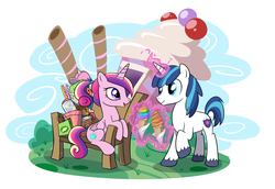 Size: 1300x895 | Tagged: safe, artist:madmax, princess cadance, shining armor, alicorn, pony, unicorn, g4, bench, candy, colt, colt shining armor, date, female, filly, filly cadance, first date, food, ice cream, ice cream cone, levitation, magic, male, ship:shiningcadance, shipping, sitting, straight, tail wrap, teen princess cadance, teenage shining armor, teenager, telekinesis, younger
