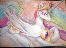 Size: 2000x1466 | Tagged: dead source, safe, artist:buttercupsaiyan, princess celestia, alicorn, pony, g4, female, mare, painting, slit pupils, solo, watercolor painting
