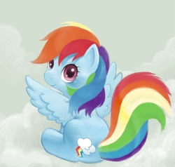 Size: 1000x950 | Tagged: dead source, safe, artist:naaaaar, rainbow dash, pegasus, pony, g4, cloud, cloudy, female, filly, filly rainbow dash, foal, hooves, looking at you, looking back, looking back at you, mare, on a cloud, sitting, sitting on a cloud, solo, spread wings, wings, younger