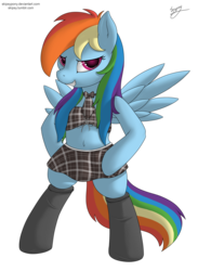 Size: 1833x2500 | Tagged: safe, artist:skipsy, rainbow dash, pegasus, pony, g4, belly button, bipedal, clothes, female, looking at you, mare, midriff, necktie, short shirt, signature, simple background, skirt, socks, solo, spread wings, transparent background, wings