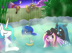 Size: 1500x1108 | Tagged: safe, artist:madmax, discord, princess cadance, princess celestia, princess luna, queen chrysalis, alicorn, changeling, changeling queen, draconequus, pony, g4, alicorn triarchy, banana, banana boat, bath, climbing, female, fence, hot springs, mare, outdoors, peeping tom, spying, towel, water, wet mane