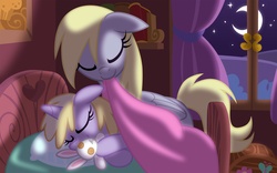 Size: 2625x1641 | Tagged: safe, artist:equestria-prevails, derpy hooves, dinky hooves, pegasus, pony, unicorn, g4, bed, blanket, duo, equestria's best mother, eyes closed, female, filly, floppy ears, happy, mare, moon, moonlight, mother and child, mother and daughter, mouth hold, night, plushie, sleeping, stars