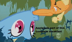 Size: 1406x820 | Tagged: safe, edit, edited screencap, screencap, applejack, rainbow dash, earth pony, pony, bridle gossip, g4, season 1, appletini, caption, female, hub logo, image macro, mare, meme, micro, oral vore, preddash, preyjack, reverse vore