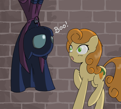 Size: 959x858 | Tagged: dead source, safe, artist:prozenconns, carrot top, golden harvest, mare do well, earth pony, pony, g4, :o, blushing, brick wall, cute, cutie top, dialogue, duo, female, mare, raised hoof, raised leg, surprised, upside down, wide eyes