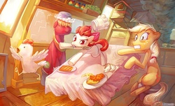 Size: 900x546 | Tagged: safe, artist:electrixocket, apple bloom, applejack, big macintosh, chicken, earth pony, pony, g4, action pose, animal, apple siblings, breakfast, chase, chef's hat, cooking, cottagecore, fail, female, filly, hat, hatless, kitchen, male, mare, missing accessory, mouth hold, stallion, table, this will end in tears and/or breakfast