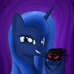 Size: 1000x1000 | Tagged: safe, artist:cheshiresdesires, princess luna, alicorn, pony, spider, g4, luna eclipsed, duo, female, grin, looking at you, mare, smiling