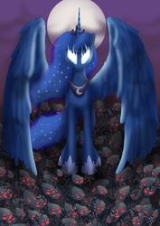 Size: 2480x3508 | Tagged: safe, artist:enigmaticelocution, princess luna, alicorn, pony, spider, g4, luna eclipsed, female, glowing eyes, high res, mare, moon, solo