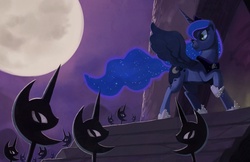 Size: 5100x3300 | Tagged: safe, artist:envidia14, princess luna, alicorn, pony, g4, female, looking back, mare, moon, night, nightmare night, nightmare night symbol, raised hoof, roof, rooftop, solo, stairs