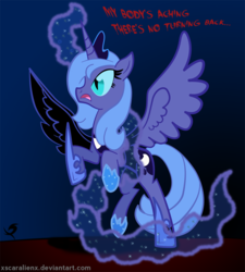 Size: 1000x1110 | Tagged: safe, artist:xscaralienx, nightmare moon, princess luna, alicorn, pony, g4, crown, female, glare, hoof shoes, jewelry, mare, open mouth, peytral, rearing, regalia, s1 luna, solo, spread wings, text, transformation, wings