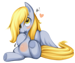 Size: 782x660 | Tagged: safe, artist:shineymagic, derpy hooves, pegasus, pony, g4, blushing, cute, female, heart, hiccup, mare, onomatopoeia, simple background, solo, underhoof, white background