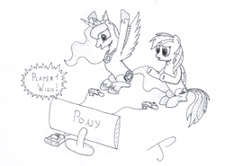 Size: 2437x1805 | Tagged: safe, artist:jhyrachy, princess luna, rainbow dash, alicorn, pegasus, pony, gamer luna, g4, duo, female, gamer rd, mare, monochrome, nintendo 64, retrogaming, sitting