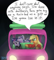 Size: 1768x1948 | Tagged: safe, artist:another-story-2tell, applejack, twilight sparkle, earth pony, pony, unicorn, g4, alan wake, angry, applejack truck, bandage, blood, cardboard cutout, cardboard twilight, driving, duo, female, floppy ears, frown, glare, injured, mare, open mouth, pointing, unicorn twilight, yelling