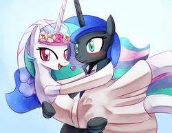 Size: 1100x850 | Tagged: safe, artist:negativefox, nightmare moon, princess celestia, princess luna, alicorn, pony, semi-anthro, g4, blushing, bridal carry, clothes, dress, female, heart, incest, lesbian, lesbian wedding, mare, marriage, married, royal sisters, ship:mooncest, ship:princest, shipping, siblings, simple background, sisters, tsundere moon, tuxedo, wedding, wedding dress, wedding veil, white background