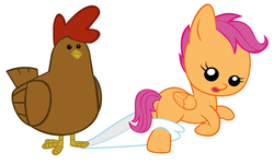 Size: 1800x1080 | Tagged: safe, artist:beavernator, scootaloo, chicken, pegasus, pony, g4, baby, baby pony, baby scootaloo, butt, coppertone parody, diaper, diaper pulled down, female, foal, plot, scootachicken, simple background, white background, younger