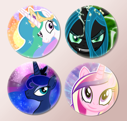 Size: 600x574 | Tagged: safe, artist:pixelkitties, princess cadance, princess celestia, princess luna, queen chrysalis, alicorn, changeling, changeling queen, pony, g4, buttons, female, mare