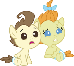 Size: 4800x4320 | Tagged: safe, artist:beavernator, pound cake, pumpkin cake, pegasus, pony, unicorn, baby cakes, g4, absurd resolution, baby, baby eyes, baby pony, cake twins, diaper, diapered, diapered colt, diapered filly, diapered foals, duo, female, frown, gritted teeth, male, one month old colt, one month old filly, one month old foals, raised hoof, scared, siblings, simple background, sitting, twins, white background, white diapers, wide eyes