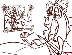 Size: 900x692 | Tagged: safe, artist:tess, discord, princess celestia, draconequus, g4, bed, book, glasses, lineart, lying down, male, monochrome, on back, photo, reading, solo
