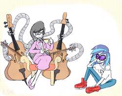Size: 1043x822 | Tagged: safe, artist:equestrian-strumpet, dj pon-3, octavia melody, vinyl scratch, human, g4, cello, chair, doctor octavia, doctor octopus, duo, female, glasses, humanized, musical instrument, sitting, tea