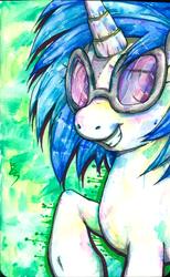 Size: 1001x1620 | Tagged: safe, artist:buttercupsaiyan, dj pon-3, vinyl scratch, pony, unicorn, g4, abstract background, female, mare, raised hoof, solo, watercolor painting
