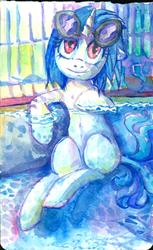 Size: 1002x1637 | Tagged: dead source, safe, artist:buttercupsaiyan, dj pon-3, vinyl scratch, pony, unicorn, g4, female, mare, sitting, solo, swimming pool, traditional art, water, watercolor painting