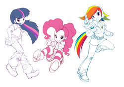 Size: 900x629 | Tagged: safe, artist:bleedman, pinkie pie, rainbow dash, twilight sparkle, human, g4, belly button, clothes, female, humanized, midriff, partial color, shoes, simple background, skirt, sneakers, white background