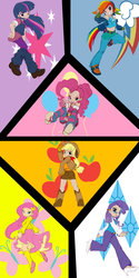 Size: 900x1798 | Tagged: safe, artist:bleedman, applejack, fluttershy, pinkie pie, rainbow dash, rarity, twilight sparkle, human, g4, clothes, cutie mark background, female, humanized, mary janes, pantyhose, shoes, skirt, sneakers