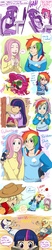 Size: 600x2858 | Tagged: safe, artist:hazurasinner, applejack, fluttershy, pinkie pie, rainbow dash, rarity, twilight sparkle, oc, oc:windy belle, earth pony, human, pony, g4, blushing, book, brony, clothes, comic, computer, dialogue, female, fingerless gloves, fourth wall, gloves, groucho mask, humanized, lesbian, magical lesbian spawn, mare, offspring, overalls, parent:fluttershy, parent:rainbow dash, parents:flutterdash, pillow fight, scene interpretation, ship:flutterdash, shipping, sweater, sweatershy
