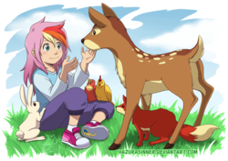 Size: 991x700 | Tagged: safe, artist:hazurasinner, oc, oc only, oc:windy belle, bird, deer, fox, human, rabbit, animal, blushing, butt, converse, female, humanized, magical lesbian spawn, nature, offspring, parent:fluttershy, parent:rainbow dash, parents:flutterdash, plot, sitting